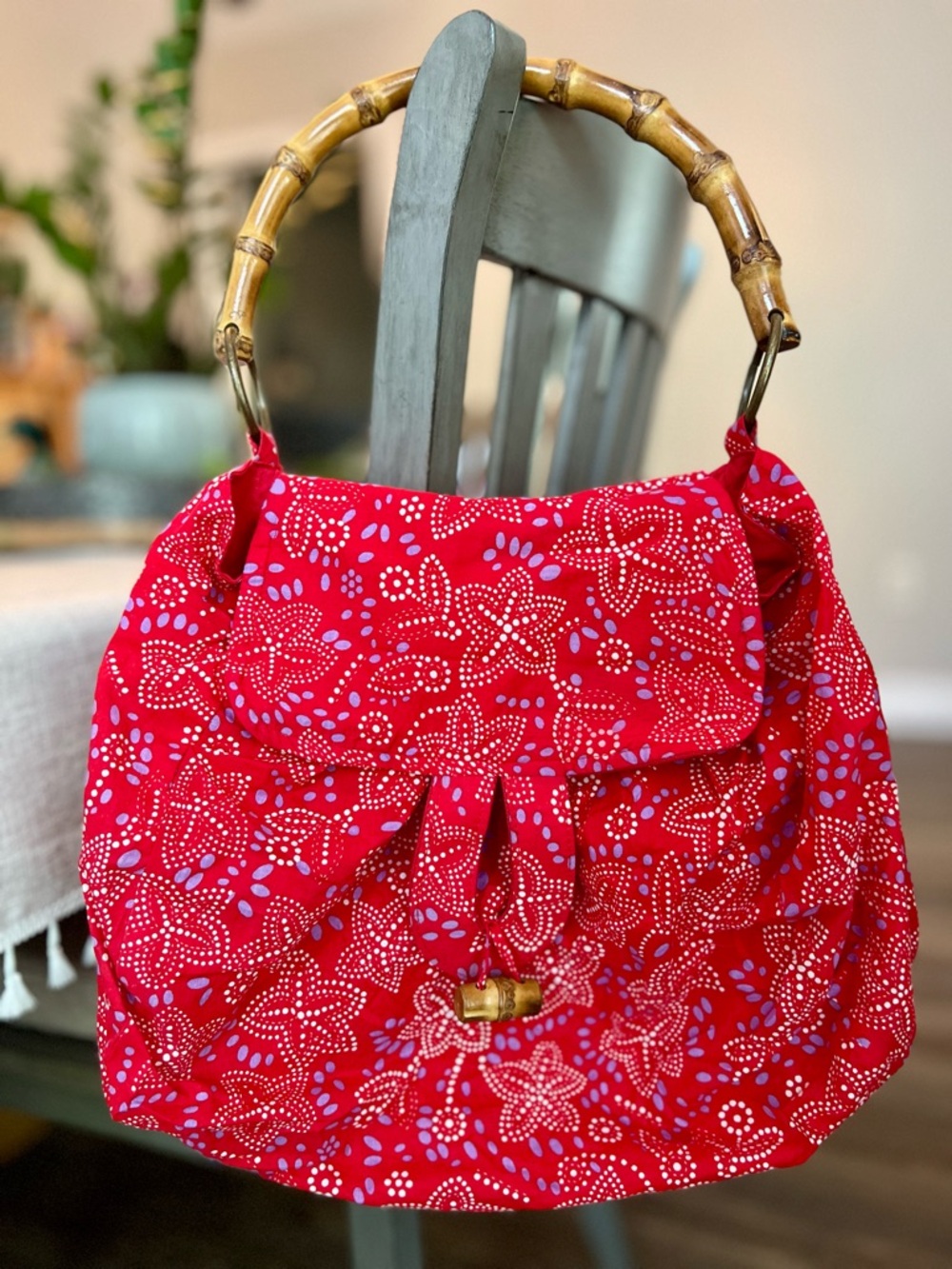 ☀️🏖️Sun ‘n’ Sand Double Sided Red Starfish Bamboo Handle Women's Shoulder Bag